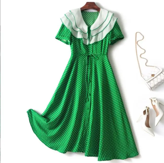 

European and American women's summer 2022 new Short sleeve flounces collar green belt printed belt Fashion dress