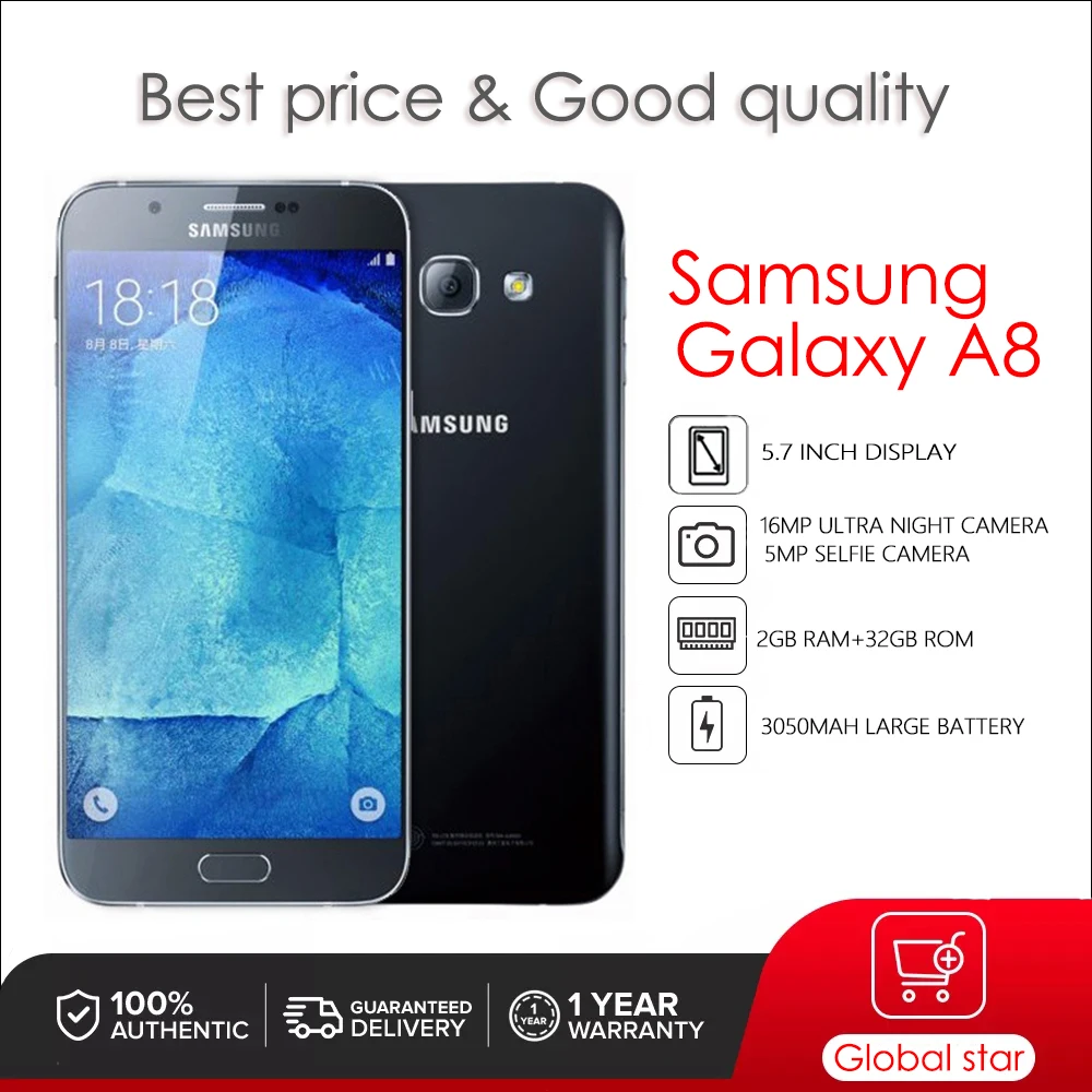 

Original Unlocked Samsung Galaxy A8 A8000 Unlocked 4G Android 3050 mAh Wi-Fi 16MP 5.7'' 32GB 2GB RAM