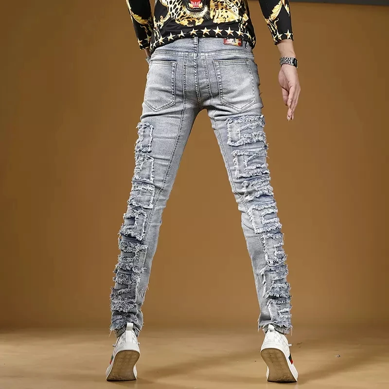 Autumn Men's Light Blue Patch Jeans Slim Fit Straight Pants Streetwear Casual Stretch Denim Trousers CP2150