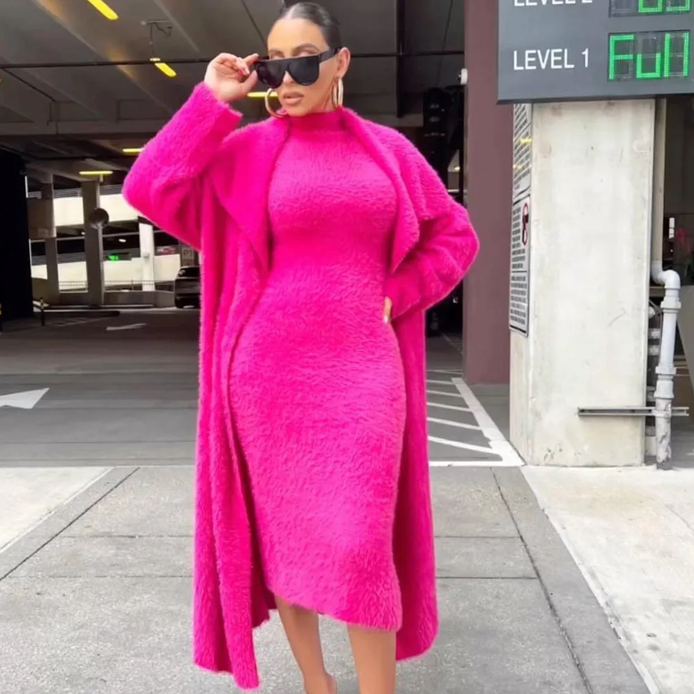 

Винтажное женское Фланелевое облегающее платье макси и Тренч с отложным воротником и длинным рукавом, Модный комплект из двух предметов