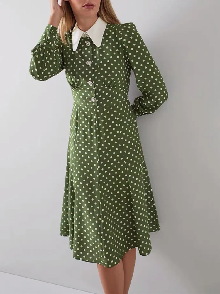 

Women Dot Printed Rhinestone Buttons Midi Dress Vintage Ladies Turn-Down Collar Long Sleeve 100% Silk Robe Autumn 2022