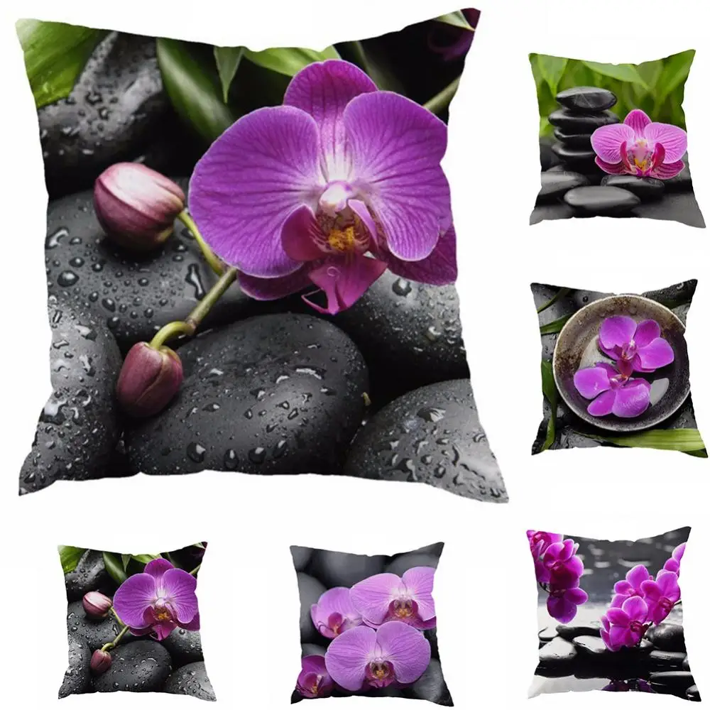 

Vintage Pillow Case Cover Home Decor Decorative Square Shape Orchids Stone Print Home Throw