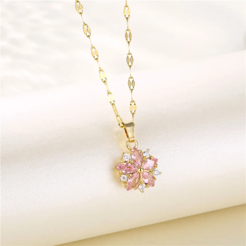 

Coconal Korean Fashion Pink Crystal Sakura Pendant Necklaces For Women Cute Romantic Female Wedding Party Neck Jewelry Gift