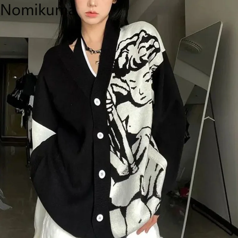 

Свитер Nomikuma для женщин, весна-осень, контрастный цвет, принт, свободный тянущийся женский зимний 2022 ретро Harajuku, уличный кардиган для женщин