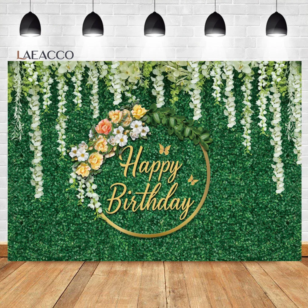 

Laeacco Spring Greenery Backdrop Happy Birthday Green Leaves Grass Wreath Baby Shower Portrait Customized Photography Background