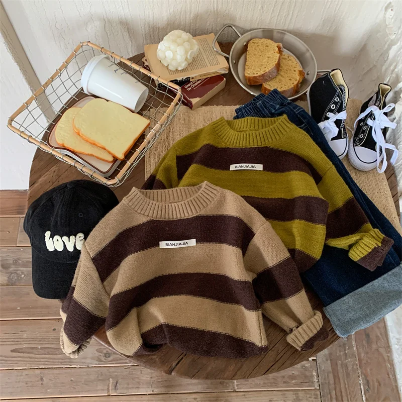 

Korean Children's Knitting Pullover 2022 Autumn New Style Boys and Girls' Western-style Striped Sweater Boys' Round Neck Shirt