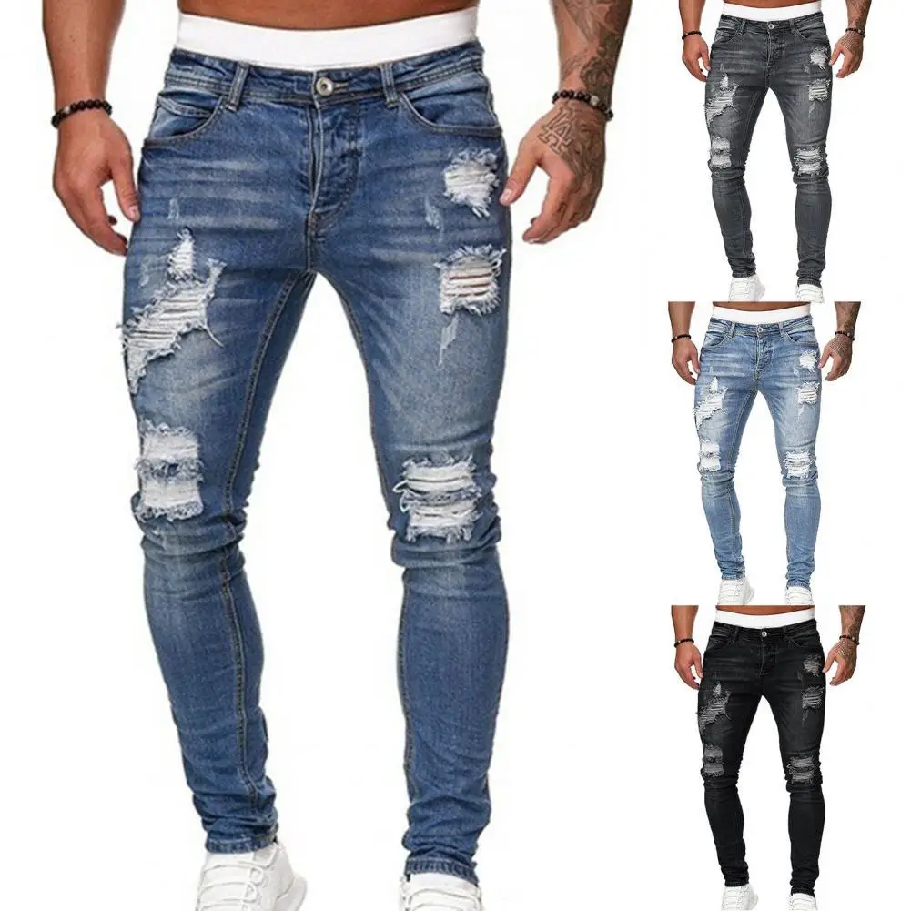 

Men Jeans Solid Color Ripped Hole Slim Fit Spring Pants for Daily Wear