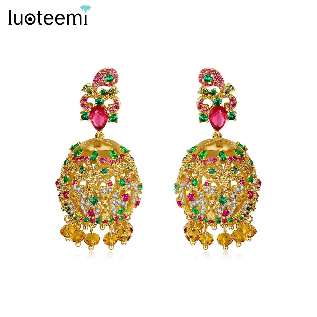 

LUOTEEMI Exquisite Gold Color Indian Design Big Dangle Drop Earrings for Women Wedding Colorful CZ Fashion Jewelry Brincos Gift