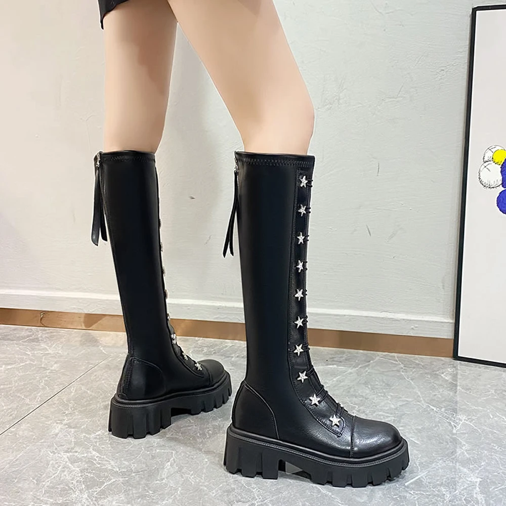 Add fleece design sense back zipper high boots 2023 women new thick soled shoes mid-heel matching color student boots