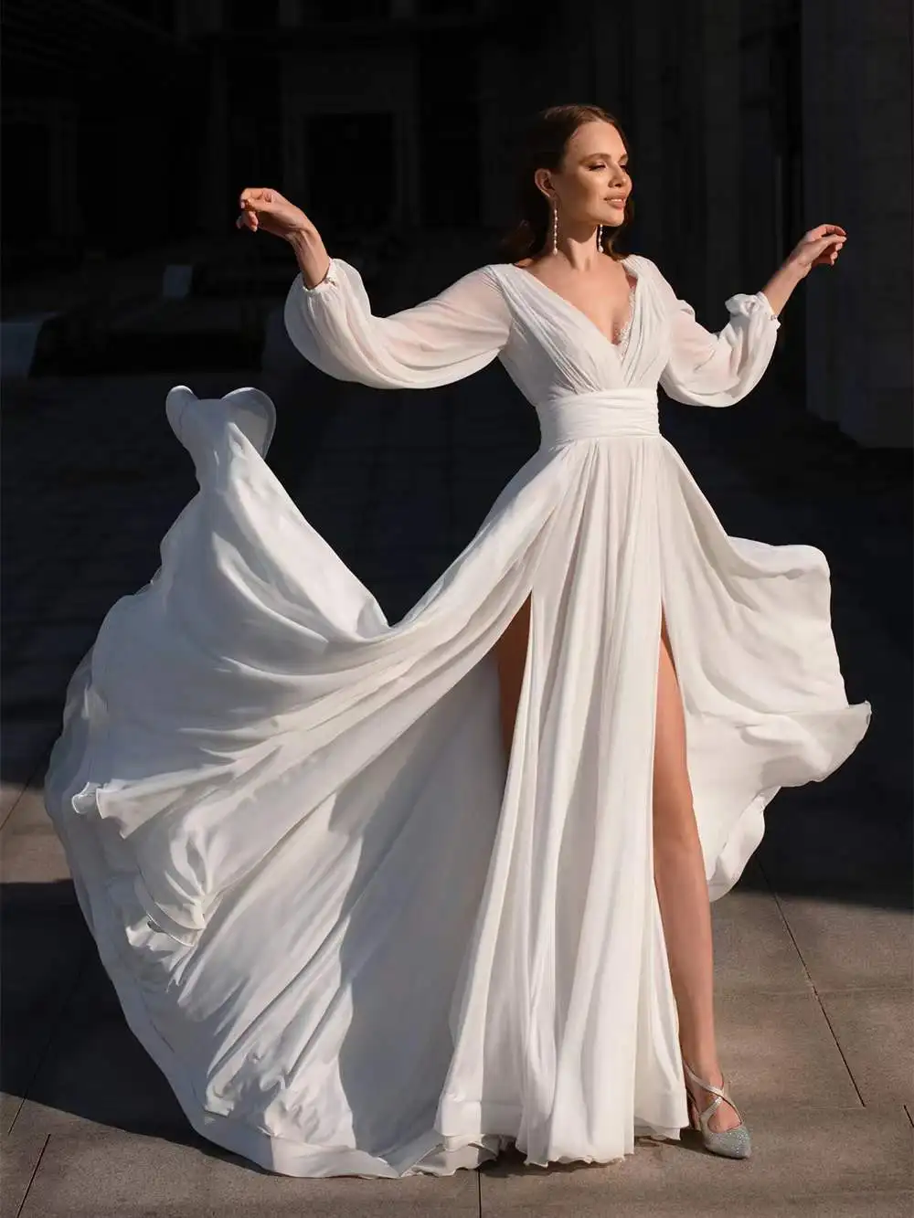 

V-Neck Wedding Dress Chiffon Long Sleeve Open Back Slit Bridal Gown Simple Wedding Gown Brides Dress vestito da sposa