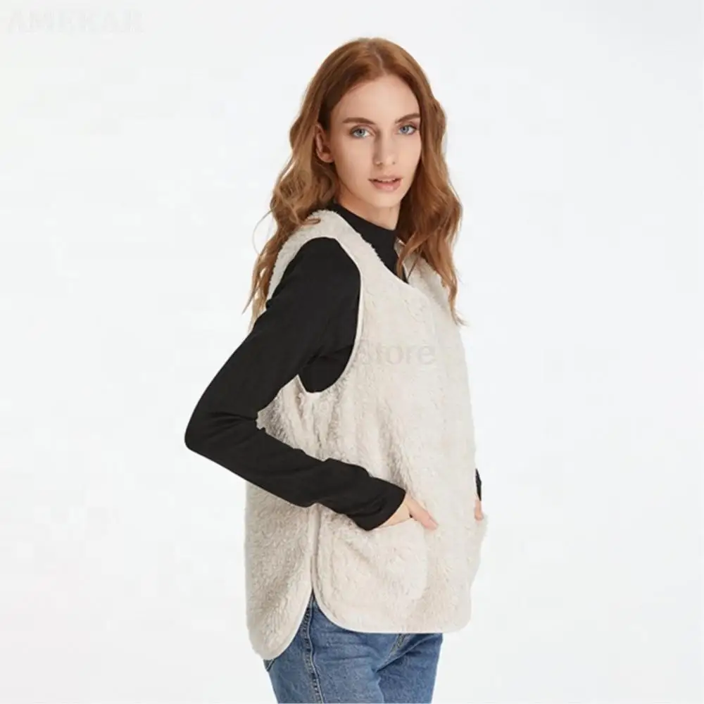 Women Winter Real Fur Zipper Vest Pure Color o-neck Warm Adult Coat Real Fur Dual Pocket Thermal Fashion Women Sweaters 2022