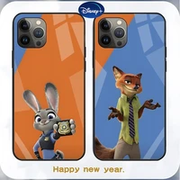 cartoon zootopia phone case tempered glass for iphone 13 12 11 pro max mini x xr xs max 8 7 6s plus se 2020 shell fundas