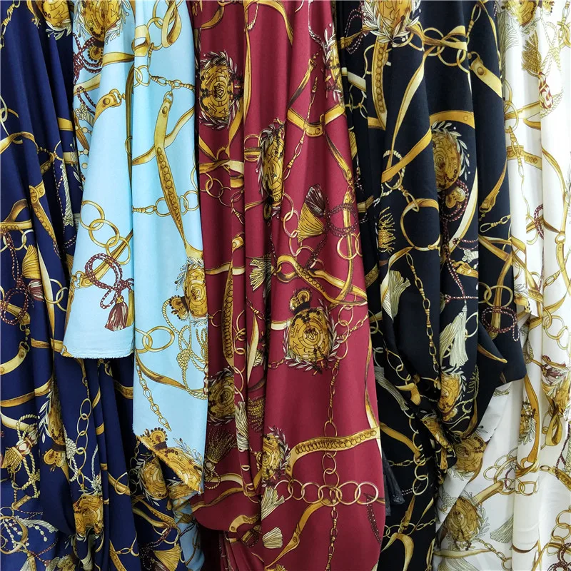 

Printed Chiffon Ice Elastic Silk Thickened Fabric Classic Retro Chain European and American Style for Dress Bat Clothes Soft