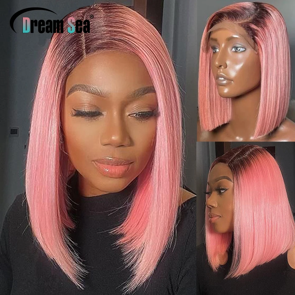 

13x4 Short Pink Bob Human Hair Wigs Ombre Blonde 613 Lace Frontal Wig Dark Roots Colored Brazilian Remy Hair Transparent Lace
