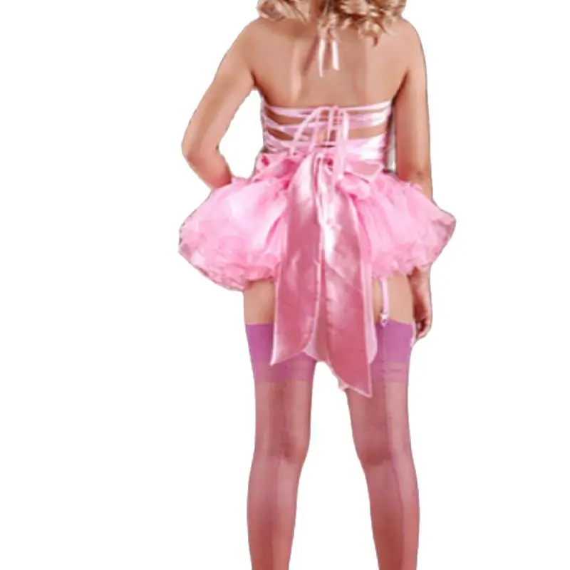 Женское платье из органзы розовое с открытой спиной и круглым вырезом для