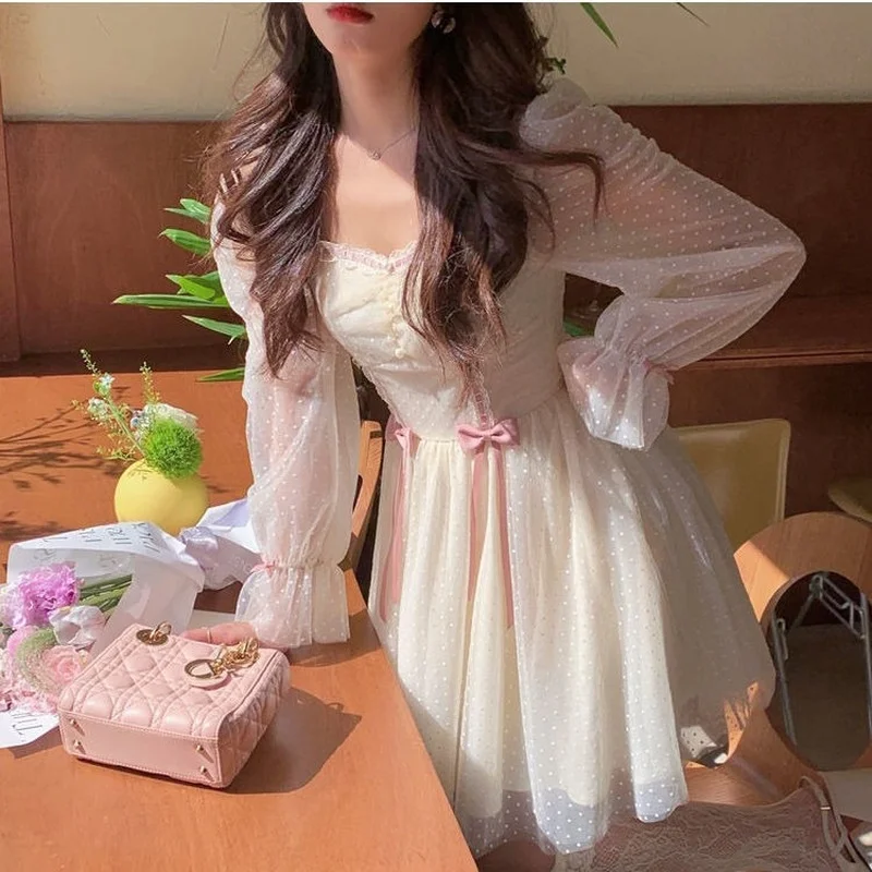 

Long Sleeve Dresses Women Bow Polka Dot Empire Autumn Mini Leisure Feminino Vestidos Popular Elegant Stylish Holiday Streetwear