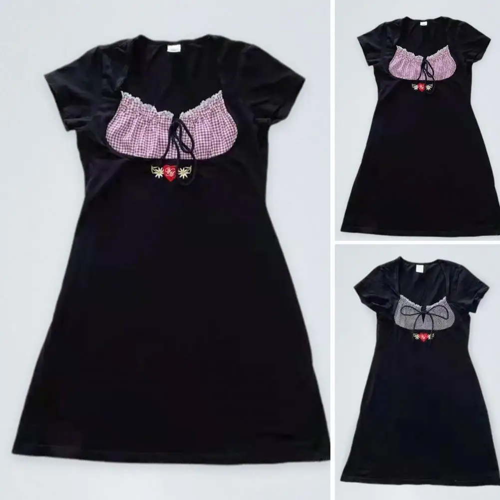 

Ladies Dress Grid Pullover Embroidery Flower Square Collar Mini Dress for Daily Life