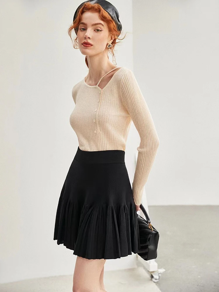 Spring Fall New SAND Pleated Knitted Skirt For Women Elegant Commuter Black High Waist A-line Skirt Short Dress Ladies