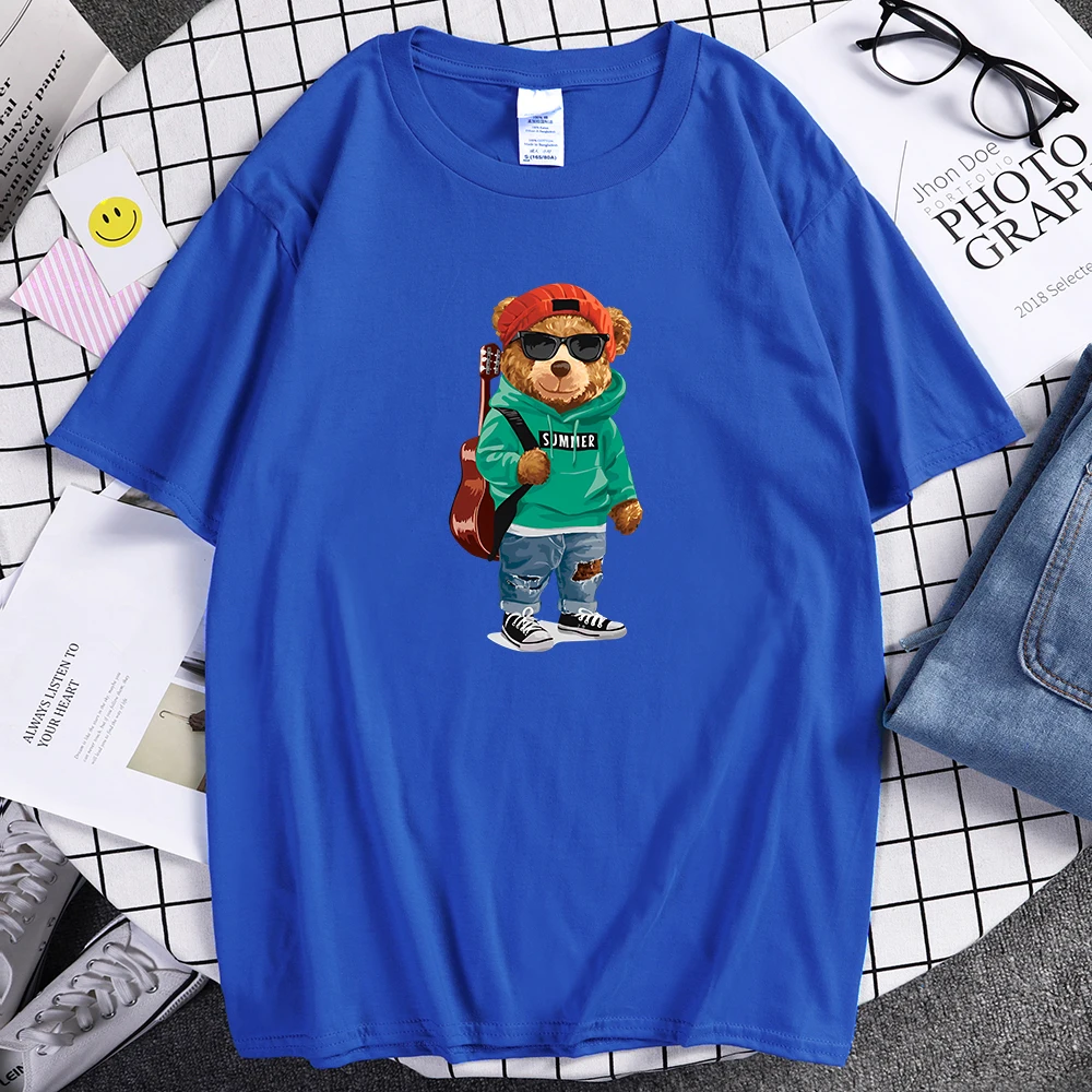 

A Cool Bear With A Guitar And Sunglasses T-Shirt Men'S Cotton Graphic T Shirt Funny Brand Clothes Sport S-Xxxl Male Tee Shirts