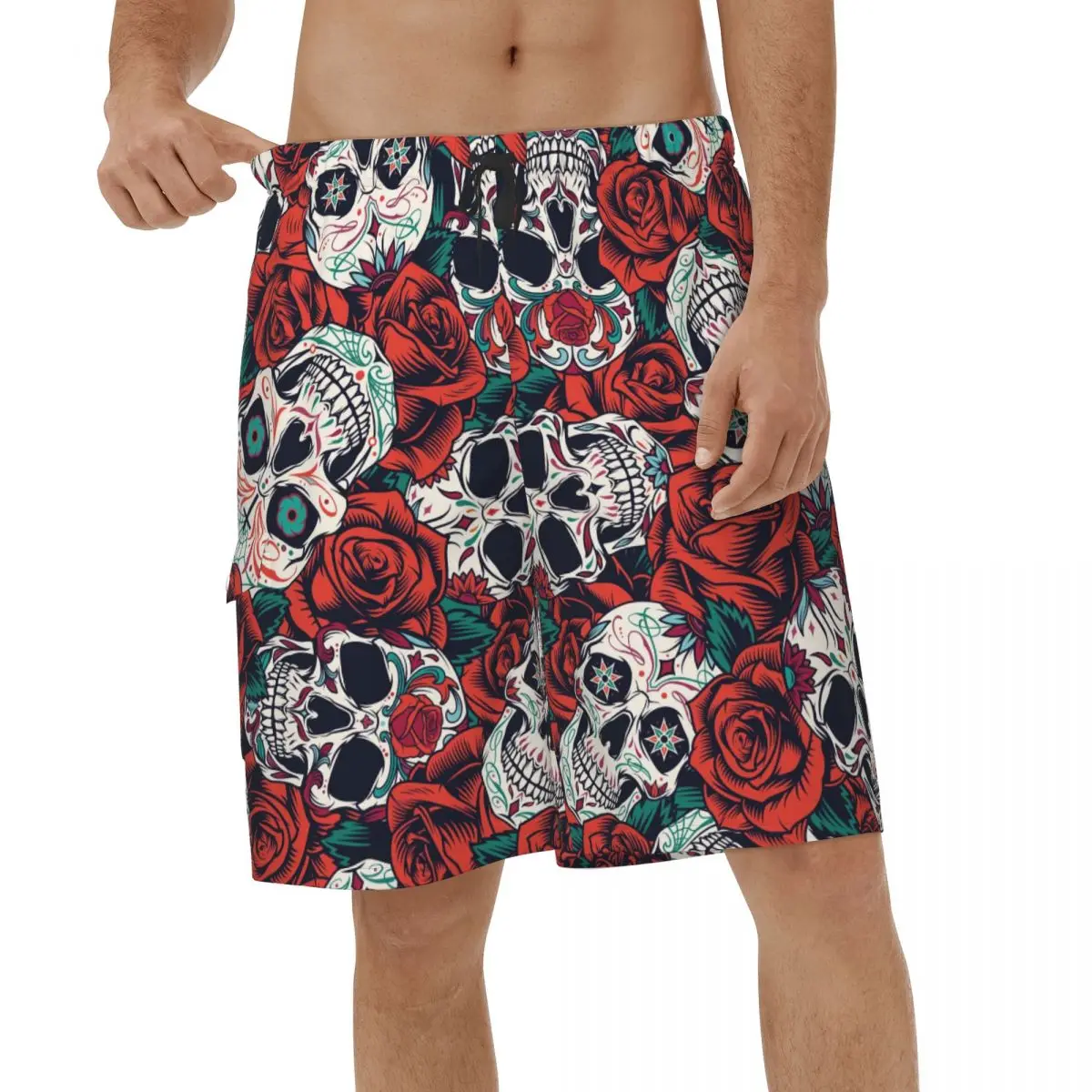 

Summer Vintage Floral Skull Men Beach Shorts Running Board Shorts Streetwear Vacation Roses Short Pants Breathable Board Shorts
