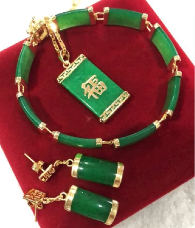 

Модный зеленый нефритовый инкрустированный звеньями браслет серьги удача кулон ожерелье комплект AAA