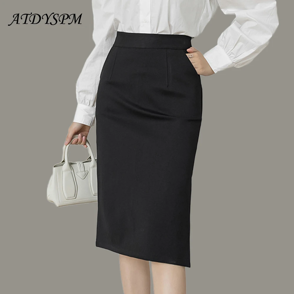 Skirts Women Stretch Wrap Hips Nylon Cotton Black Midi Skirts Jupe Femme