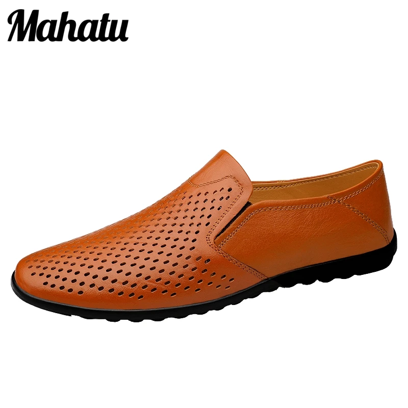 

Men genuine Lether Casual shoes fashion solid color flat Perforated and breathable leisure shoes