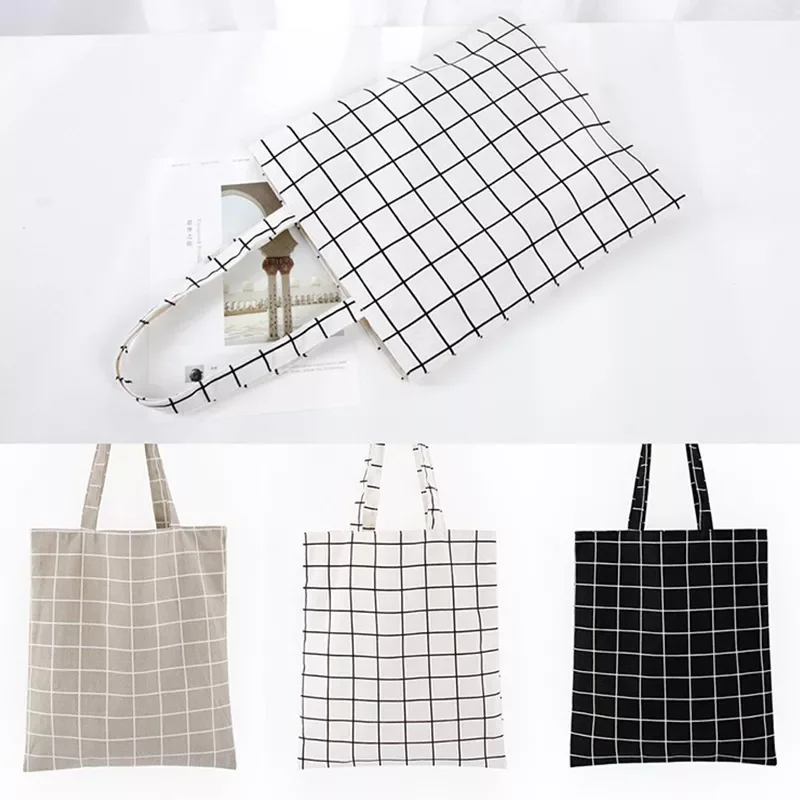 

Women Shopper Bag Plaid Cotton Canvas Shopping Shoulder Bag Eco-friendly Folding