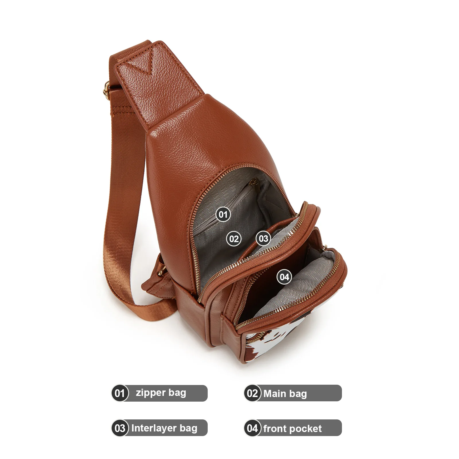 Женская нагрудная сумка через плечо классическая многослойная вместительная