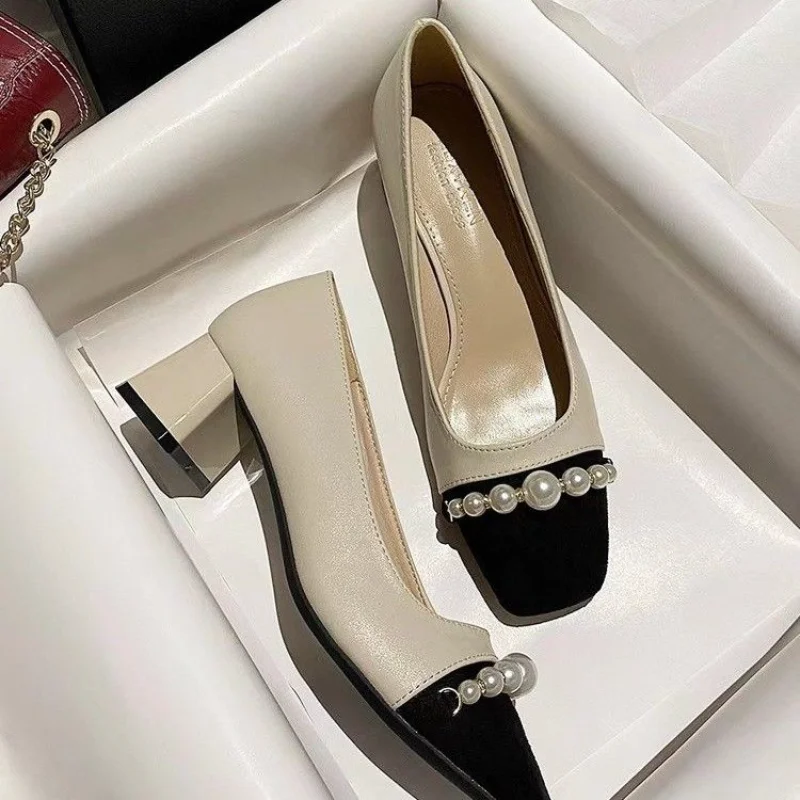 

Women's Summer Footwear Pearl Square Heels Toe Shoes for Woman 2023 Office with Medium Chic and Elegant Point High Quality Y2k E