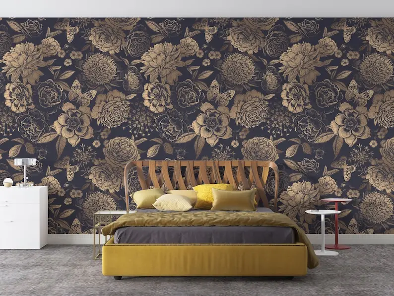 

Custom SizeVintage Dark Floral Wallpaper, Stylish Luxury Big Flowers Removable Wall Mural, Elegant Colors Flowers Self Adhesive