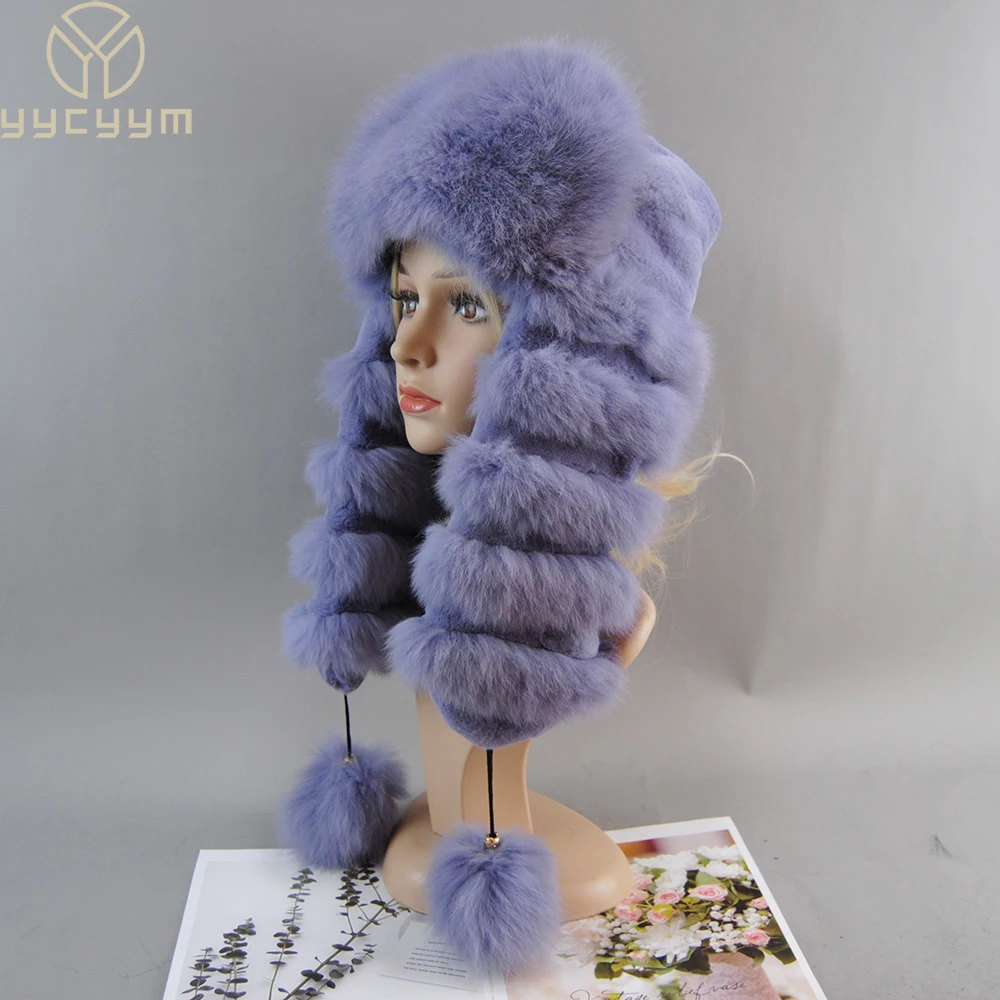 Russian Women Real Fur Bomber Hats Lady Winter Warm Luxury 100% Natural Fox Fur Hat Fashion Fluffy Fox Fur Rex Rabbit Fur Caps