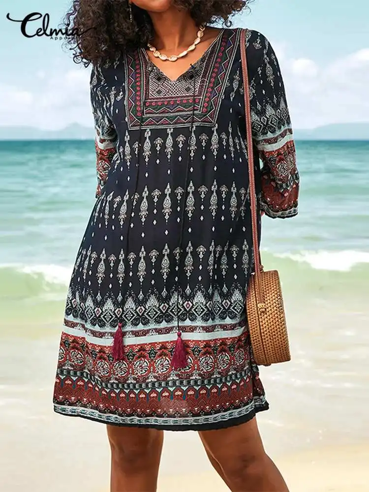 

Женский короткий сарафан с принтом в стиле ретро Celmia, модные мини-платья с рукавом 3/4, летние праздничные бандажные пляжные платья с V-образн...