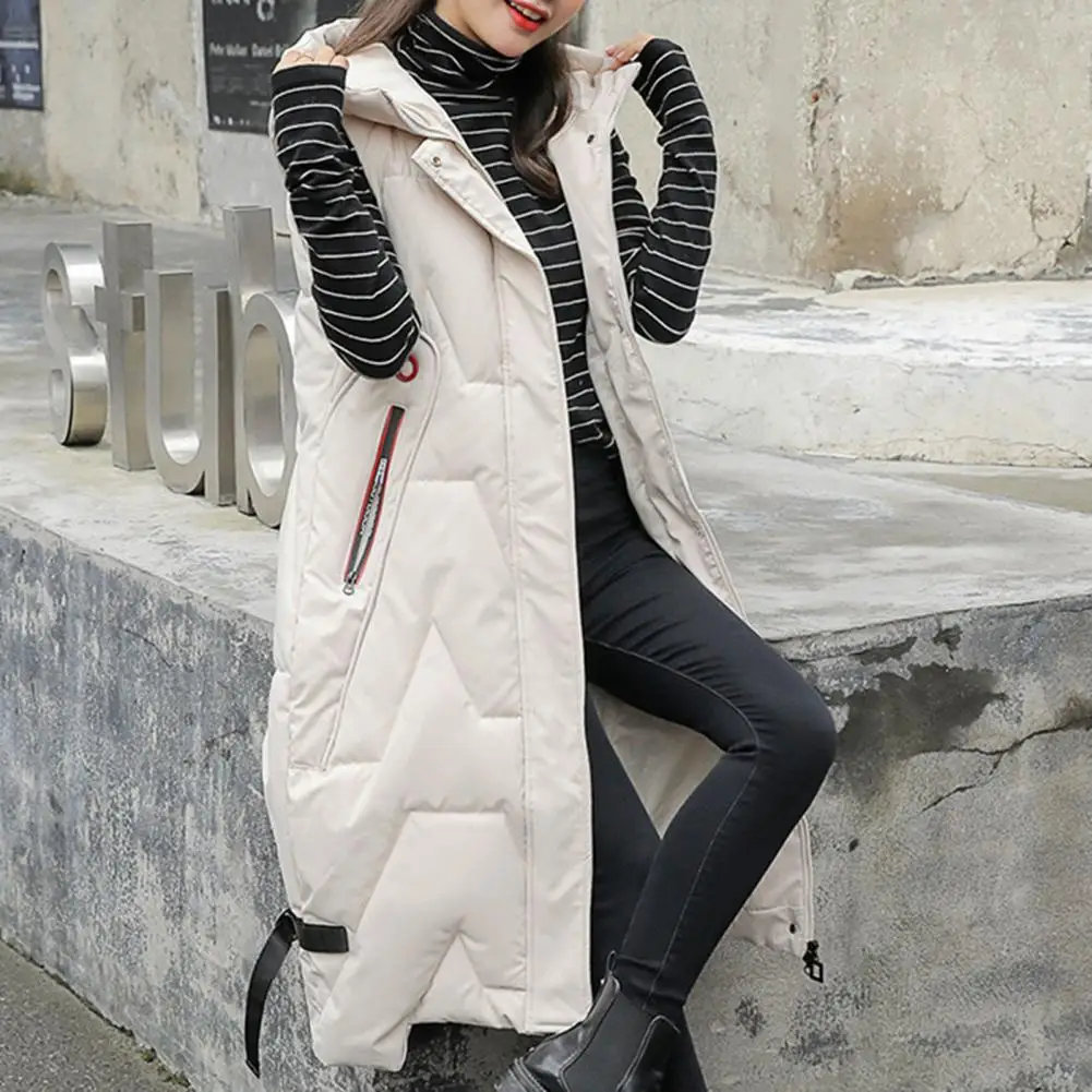 

Winter Waistcoat Buttons Zipper Placket Vest Overcoat Adjustable Straps Slant Pockets Waistcoat Winter Mid-Calf Length Outerwear