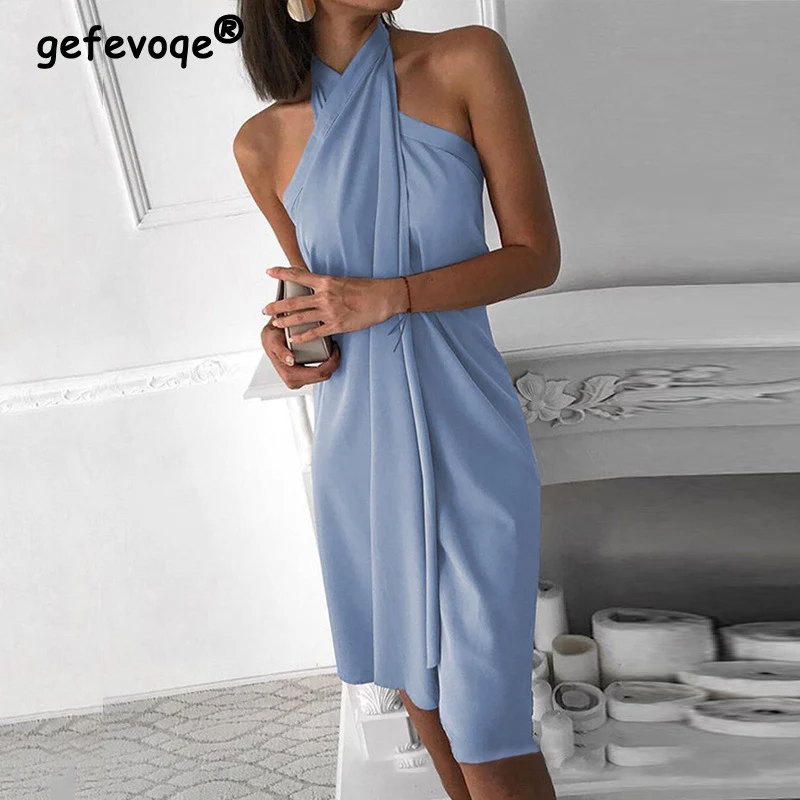 

2022 Summer Fashion Sexy Backless Party Club Irregular Elegant Dresses for Women Halter Lace Up Solid Beach Mini Dress Vestidos