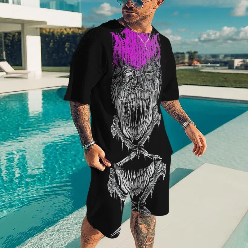 Summer Men T-shirts Shorts 2 Piece Sets Geometric Pattern Beach Tracksuit Short Sleeve Casual Streetwear Fashion Man Clothing