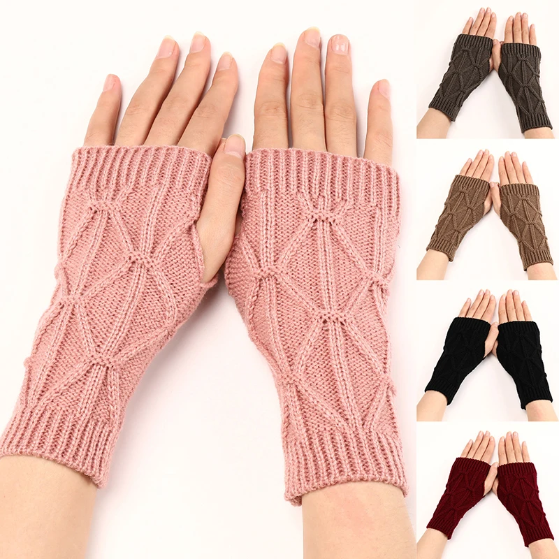 

New Autumn Winter Men's And Women's Short Diamond Fashion Gloves Knitted Wool Warm Half Finger Arm Cover Knitted Gloves Mitten