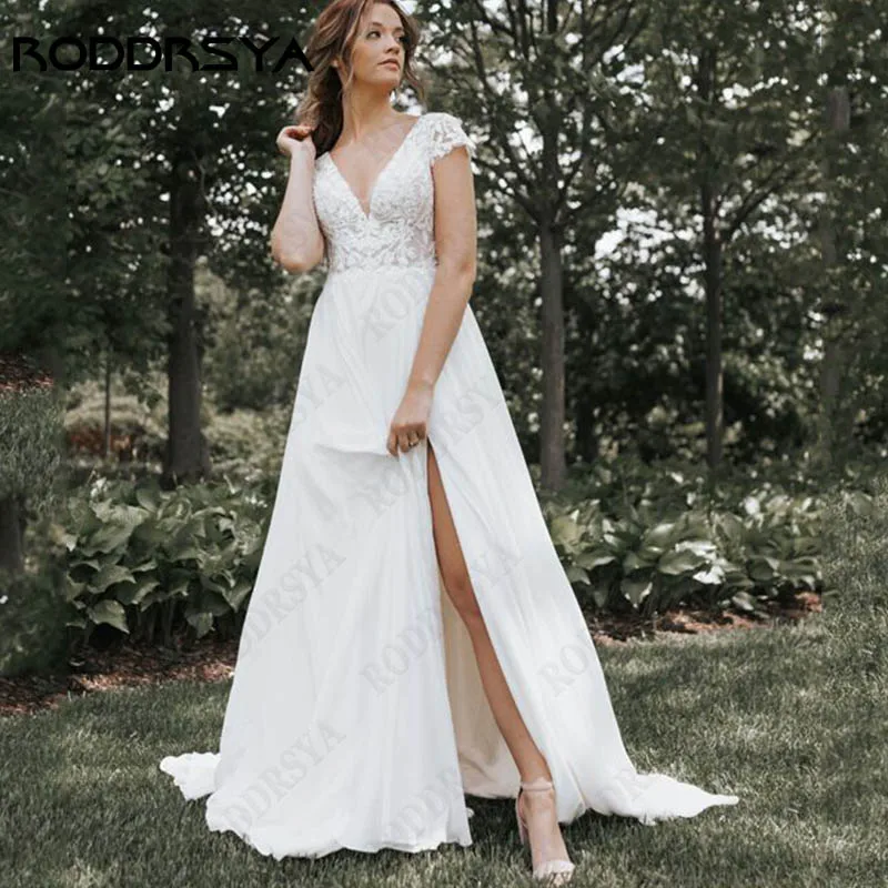 

Свадебное платье RODDRSYA с глубоким V-образным вырезом и аппликацией, свадебные платья-трапеции с высоким разрезом, свадебные платья с открытой спиной, атласное платье для невесты, индивидуальный пошив Свадебное плать