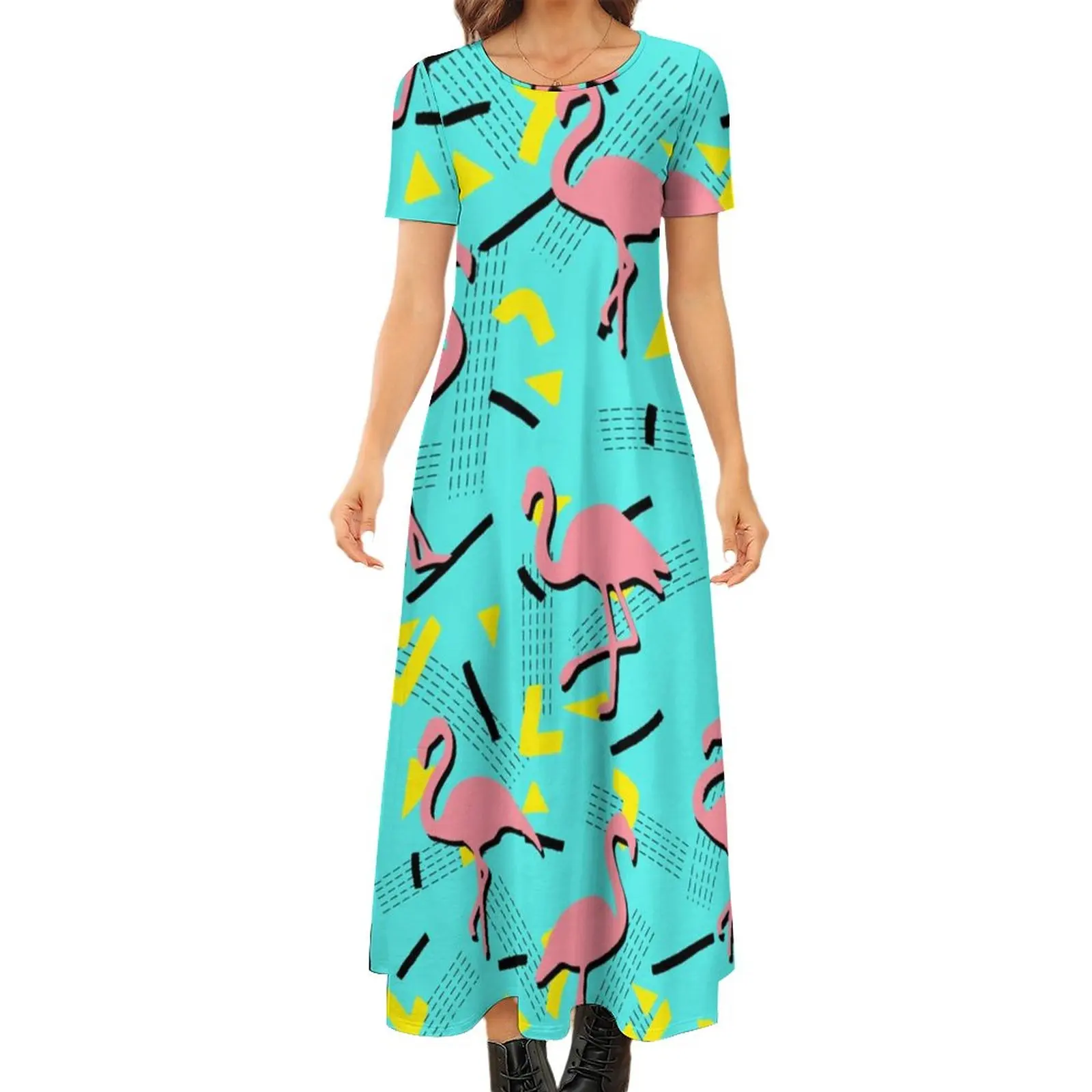 

Retro Memphis Dress Pink Flamingo Print Korean Fashion Bohemia Long Dresses Women Kawaii Maxi Dress Large Size