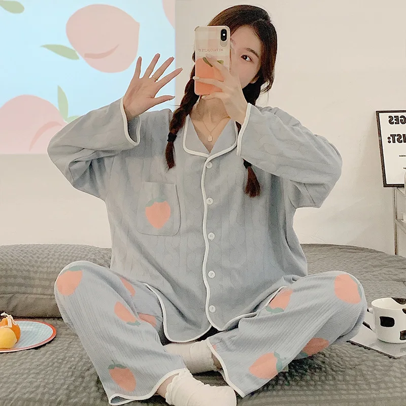 Yasuk Spring Autuum Fashion Women's Casual Sleepwear Homewear Lovely Sweet Girl Pajamas With Pants Soft Simple Strawberry Kawaii