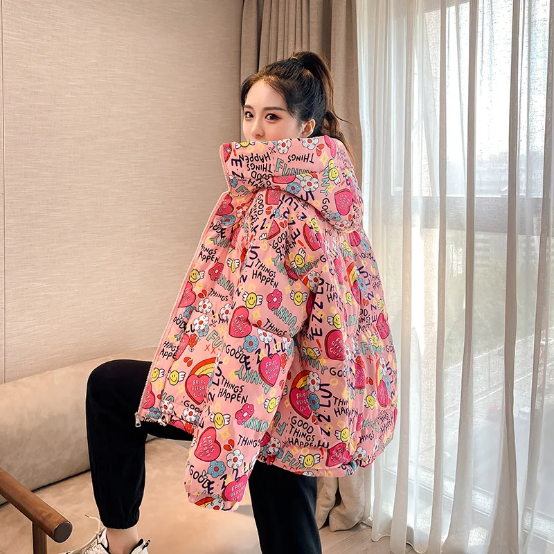 New Winter Women Hooded Down Cotton Jacket Fashion Casual Small Flower Warm Short Jackets Loose Coat Woman Cotton Jacket Clothes