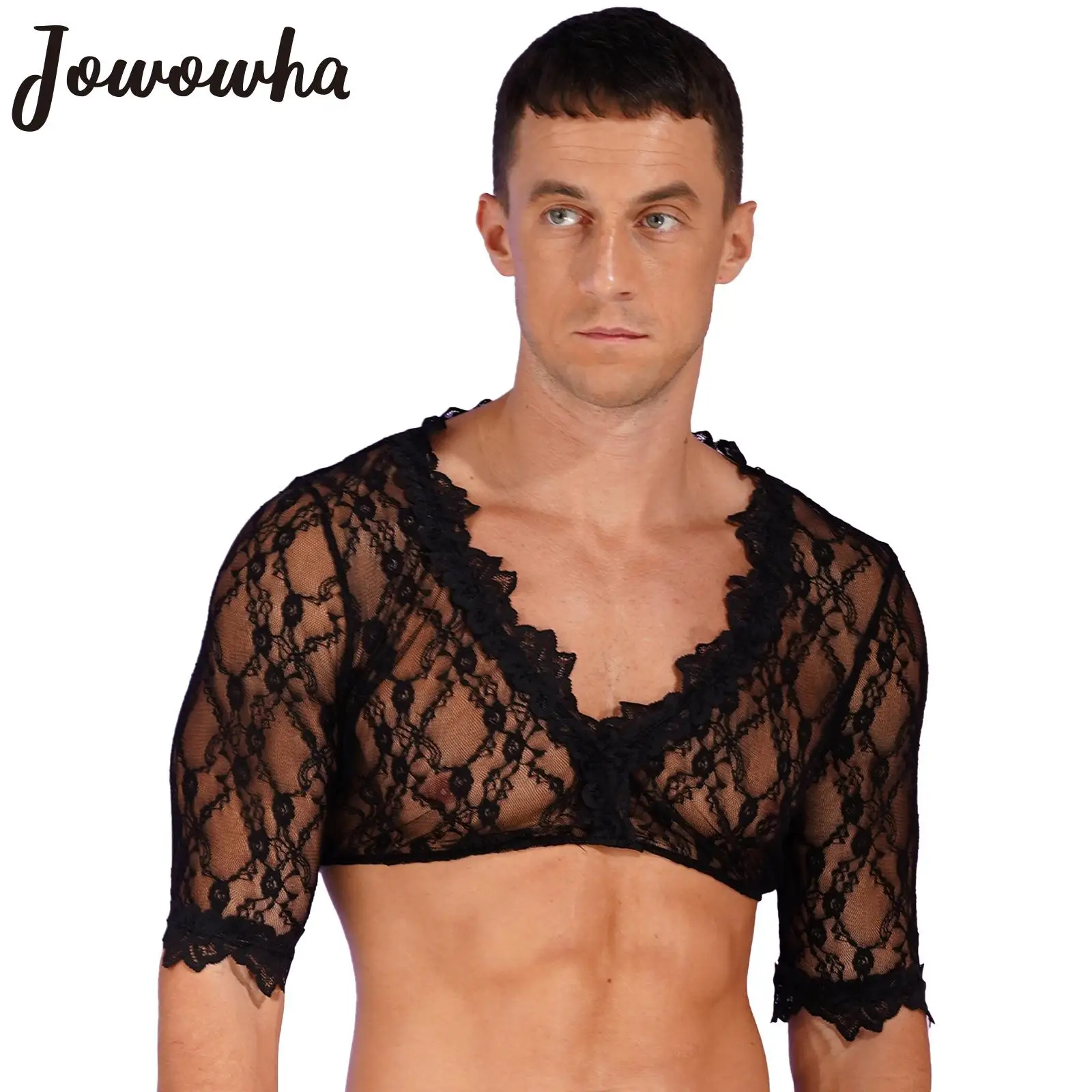 

Кроп-топ мужской с глубоким V-образным вырезом, полурукав, прозрачный кружевной пуловер, блузка, искусственная летняя майка, Клубная одежда, пляжная одежда