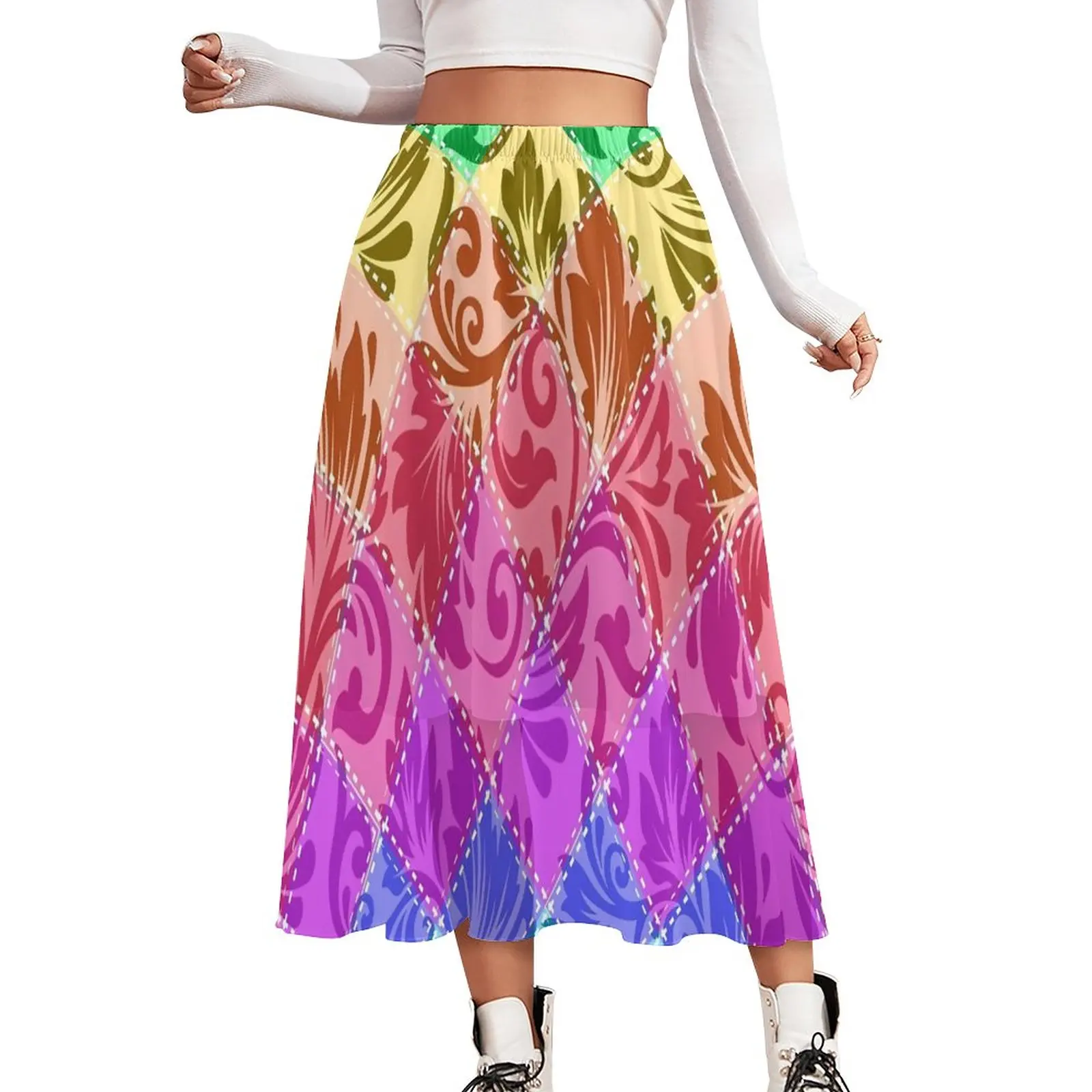 

Женская юбка с высокой талией, длинная трапециевидная юбка в стиле ретро с радужным пэчворком и графическим принтом, большие размеры 2XL 3XL
