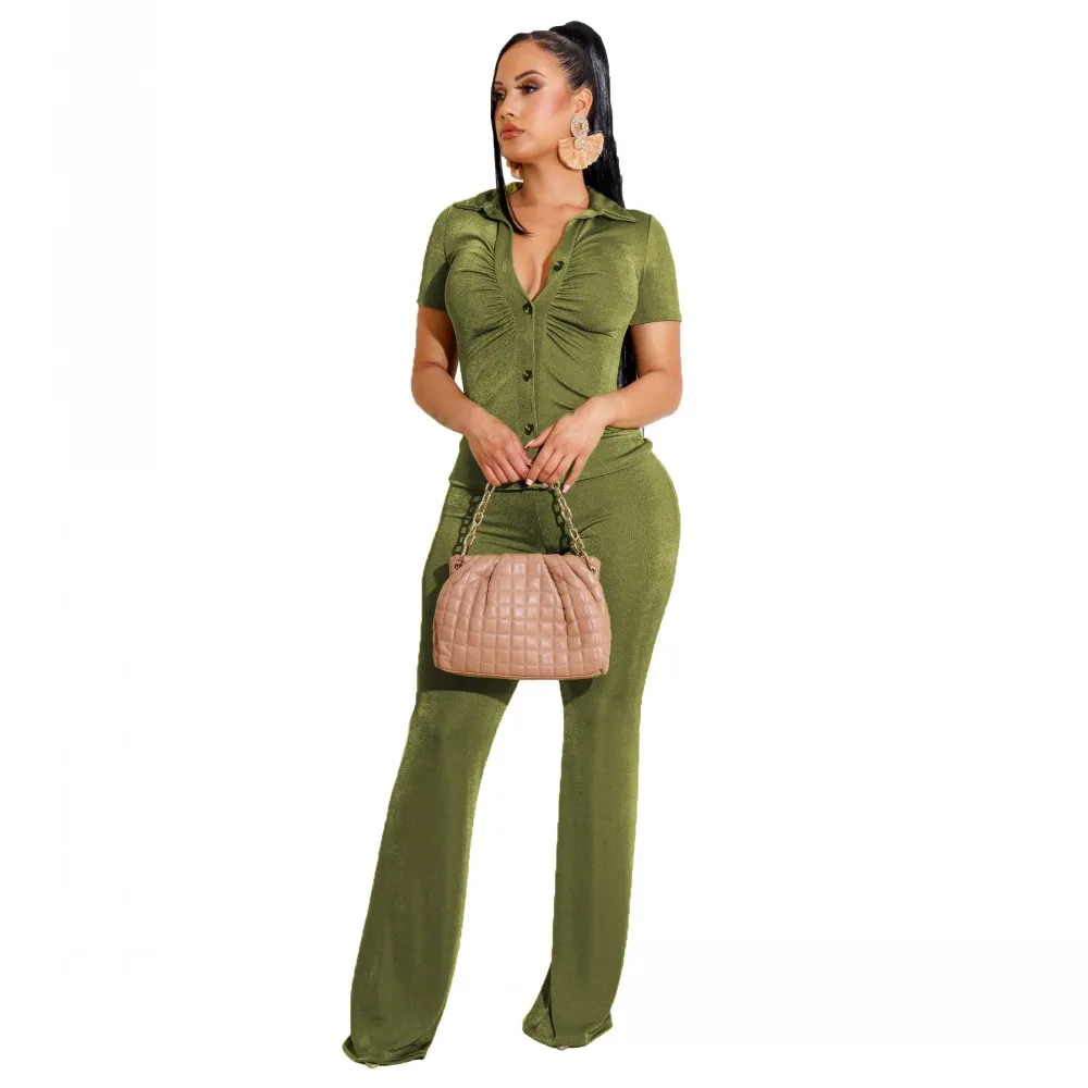 

Korean Velvet Two Piece Set Women's Short Sleeve Wrinkled Shirts Long Wide Leg Pants Solid Casual Suit Tracksuit Outfits Summer