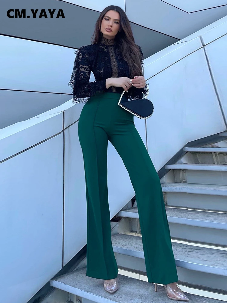 

Элегантные Женские однотонные прямые брюки CM.YAYA с высокой талией, шикарные модные офисные женские широкие расклешенные брюки