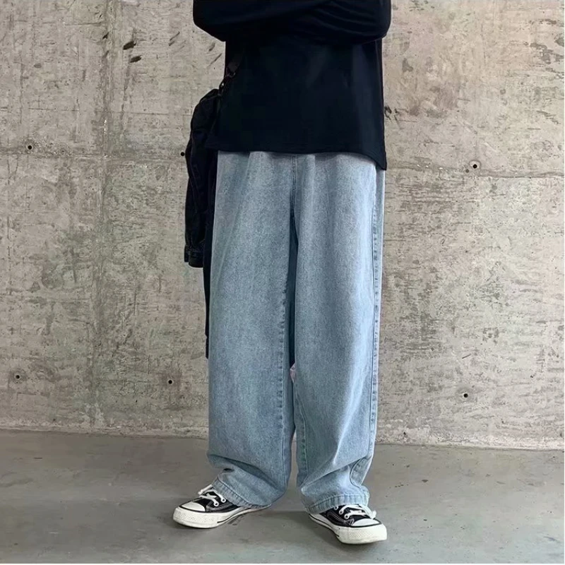 Men's Jeans Summer Solid Color Loose Denim Straight-Leg Pants Men's Casual Lace-up Mid-Waist Jeans Korean Style Wide-Leg Jeans