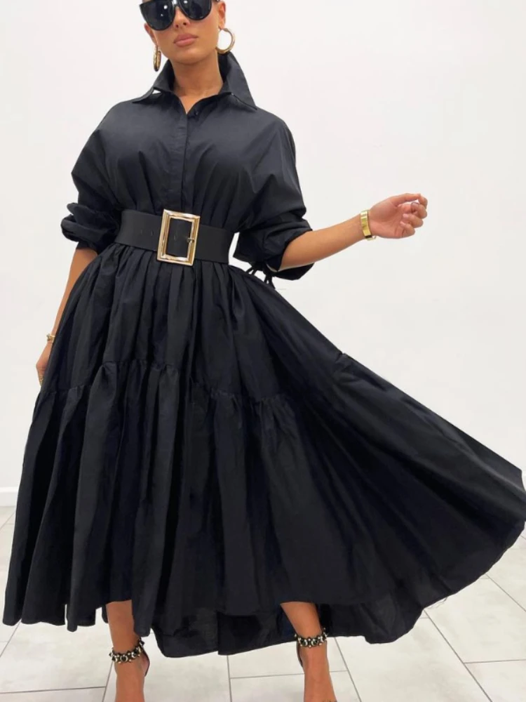 

2022 Big Shirt Dress Puffy Long Sleeve Buttons Maxi Folds Robes Elegant Women Oversized Retro Fashion Fall Clothes Streetwear