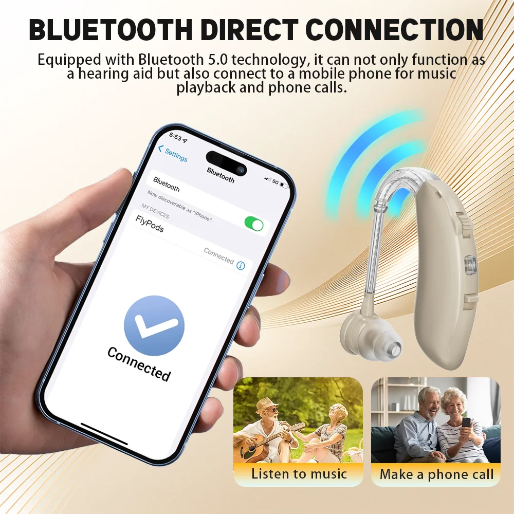 Фото Новые Bluetooth-слуховые аппараты BTE для людей с нарушениями слуха, перезаряжаемые, удобные в использовании, с шумоподавлением, усилители слуха для пожилых людей. №3