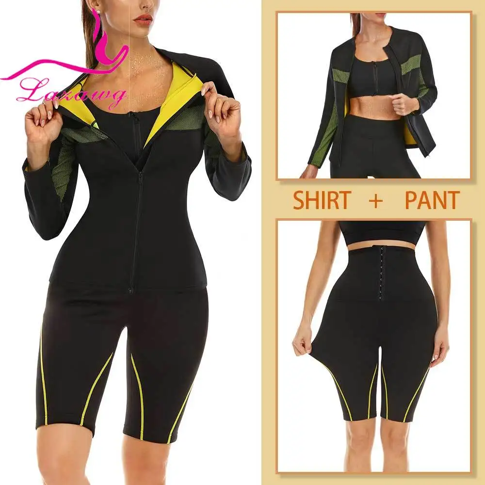 

LAZAWG Women Body Sculpting Sauna Suit Sweat Neoprene Leggings Sports Long Sleeve Top Pant Gym Weight Loss Fitness BodyShapers