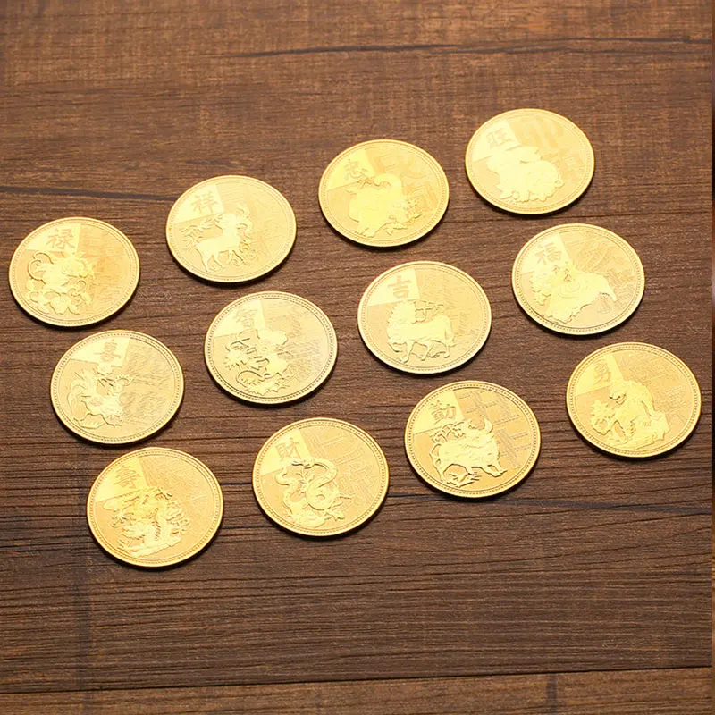 

100Pcs 12 Zodiac Chinese Golden Collectible Coin for Wealth Feng Shui Tiger Dragon Snake Animal Commemorative Coins